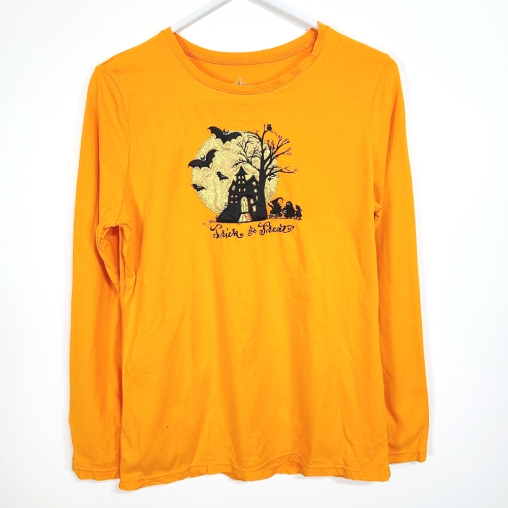 Halloween Trick or Treat Shirt Long Sleeve Orange Black Large 12/14